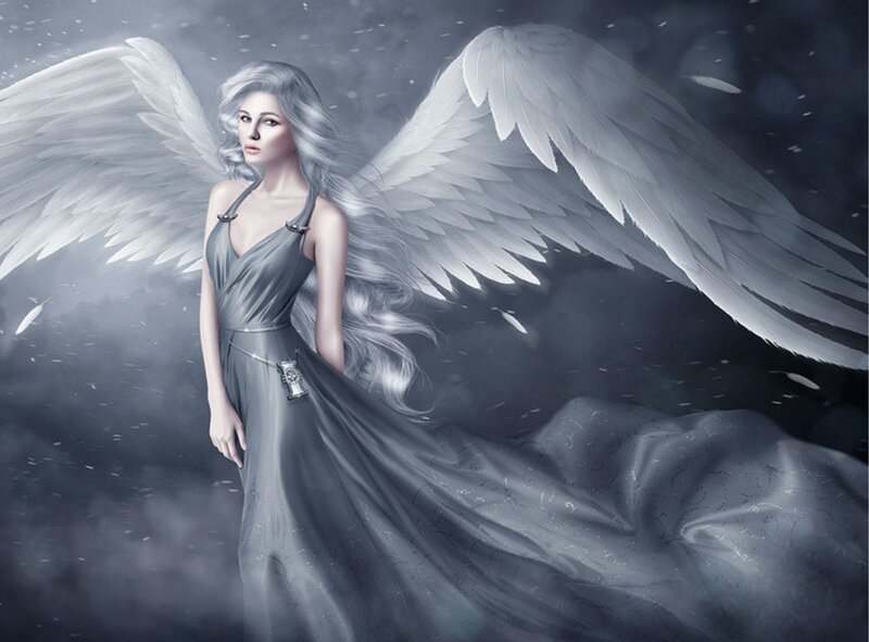 Angel with White Wings — Gray, Dramatic, Digital Art, Dress