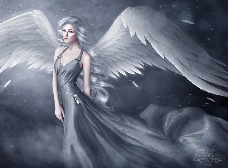 Angel with White Wings — Gray, Dramatic, Digital Art