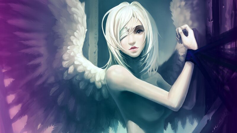 Angel with White Wings — Purple, Dramatic, Digital Art