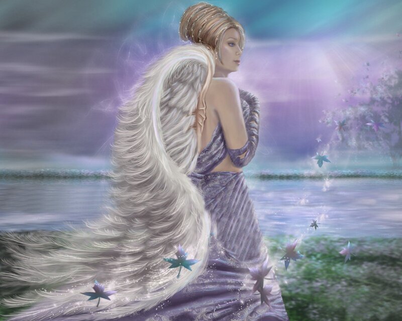 Angel with White Wings — Purple, Serene, Digital Art