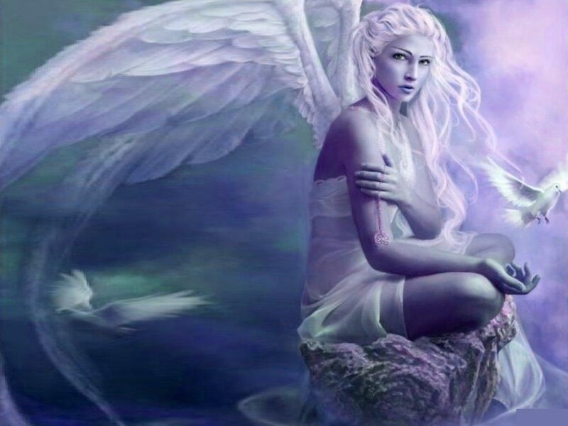 Angel with White Wings — Purple, Serene, Digital Art, White Dove