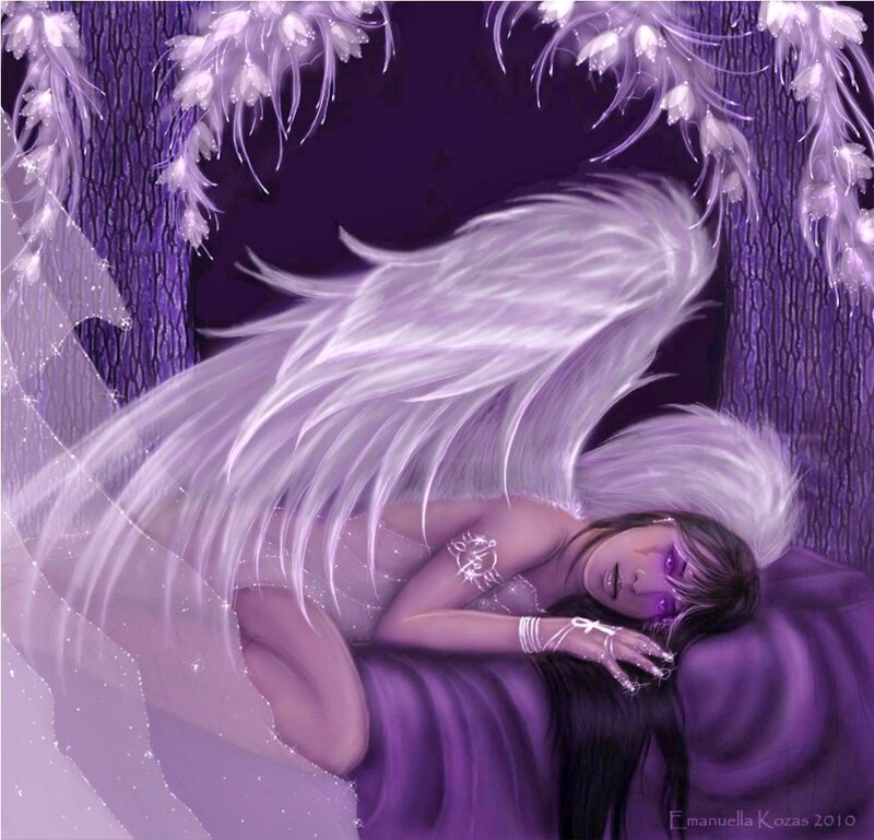 Angel with White Wings — Purple, Serene, Night, Digital Art, Flowers
