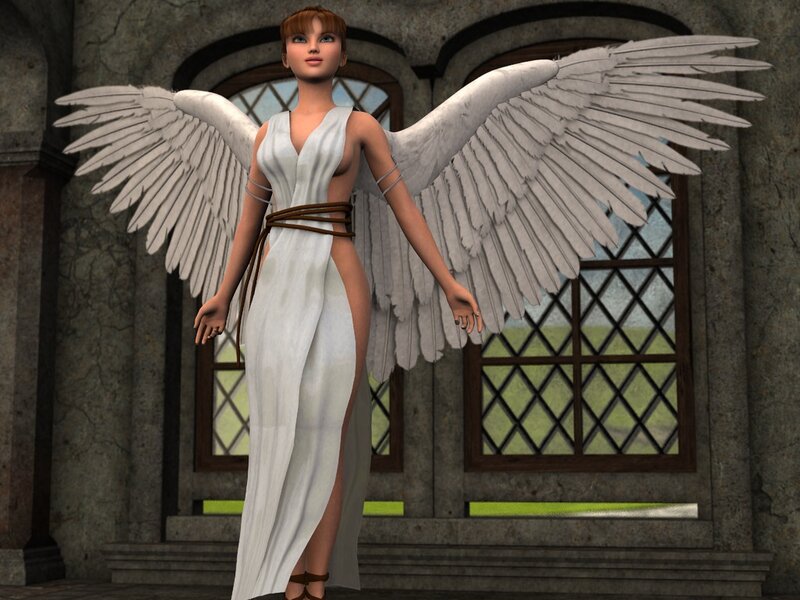 Angel with White Wings — Serene, 3d Render, White Dress