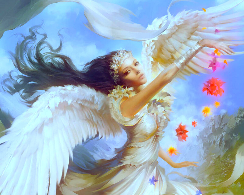 Angel with White Wings — Serene, Afternoon, Digital Art, Flowers