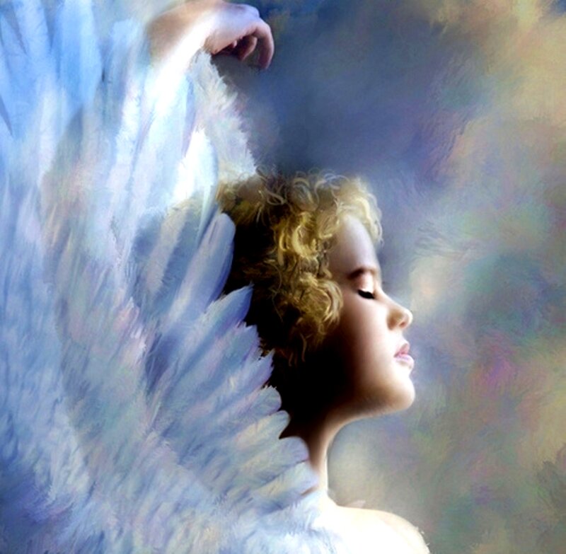 Angel with White Wings — Serene, Digital Art, Curly Hair