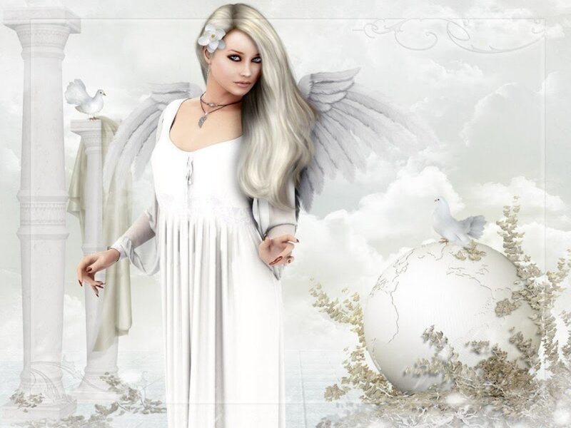 Angel with White Wings — Serene, Digital Art, Dove, Column