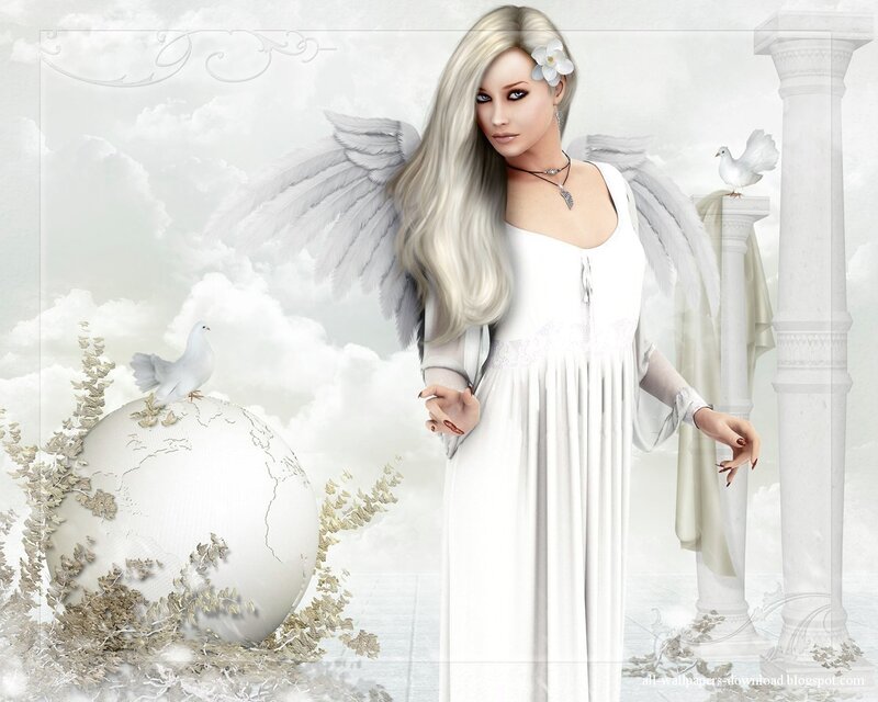 Angel with White Wings — Serene, Digital Art, Dove, Globe, Column