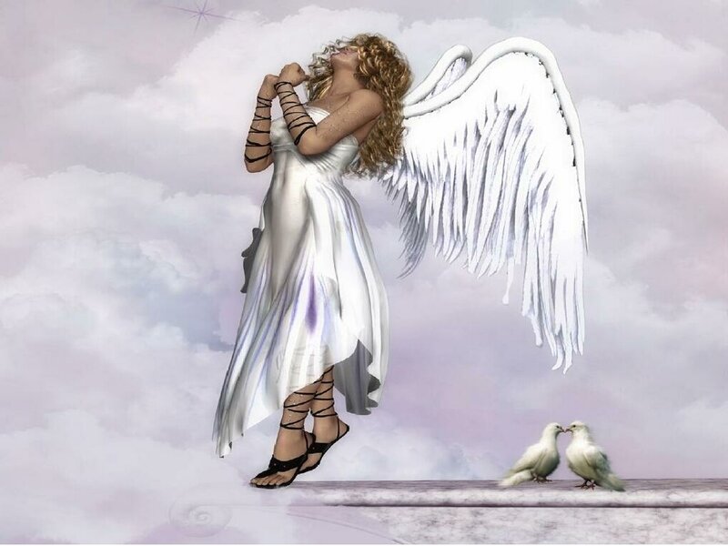Angel with White Wings — Serene, Digital Art, Doves, Clouds, Dress