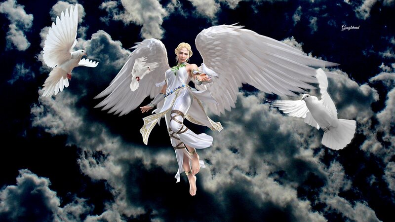 Angel with White Wings — Serene, Digital Art, Doves, Clouds