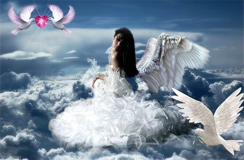 Angel with White Wings — Serene, Digital Art, Doves