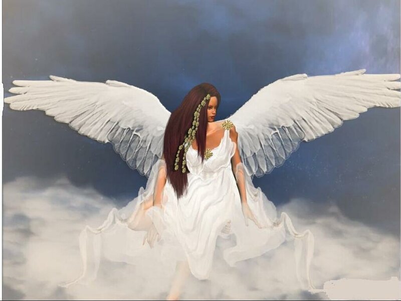 Angel with White Wings — Serene, Digital Art, Dress, Clouds
