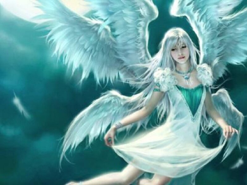 Angel with White Wings — Serene, Digital Art, Dress, Long Hair