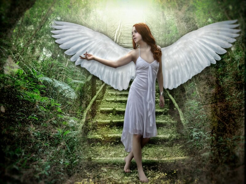 Angel with White Wings — Serene, Digital Art, Dress, Stairs