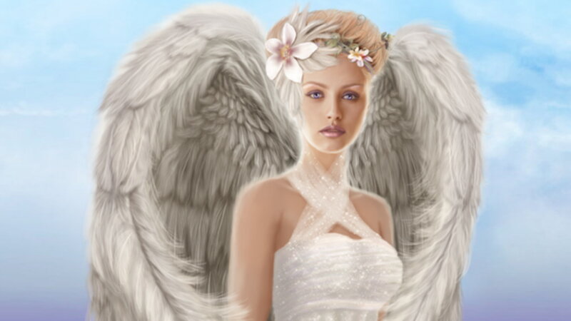 Angel with White Wings — Serene, Digital Art, Flowers, Dress