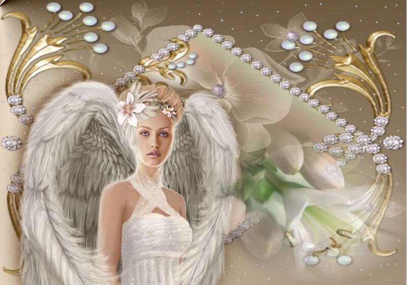 Angel with White Wings — Serene, Digital Art, Flowers, Jeweled Frame