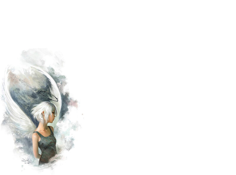 Angel with White Wings — Serene, Digital Art, Halo, White Hair, Gray