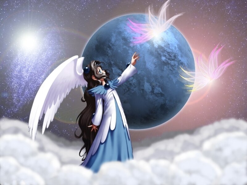 Angel with White Wings — Serene, Night, Digital Art, Clouds