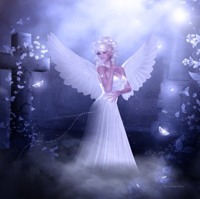 Angel with White Wings — Serene, Night, Digital Art, Cross