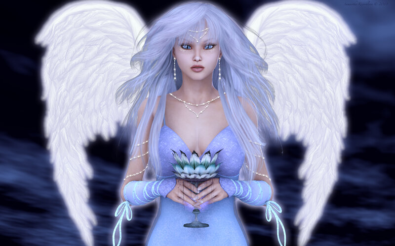 Angel with White Wings — Serene, Night, Digital Art, Crown