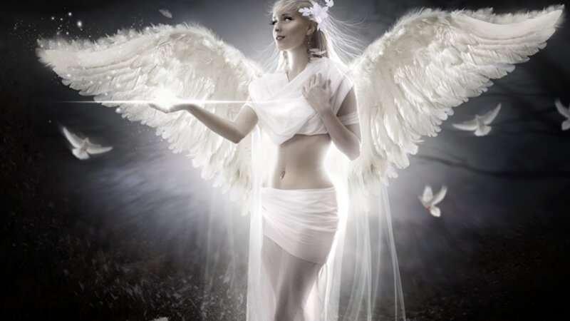 Angel with White Wings — Serene, Night, Digital Art, Doves, Light