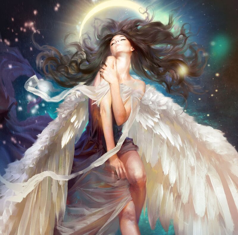 Angel with White Wings — Serene, Night, Digital Art, Hair