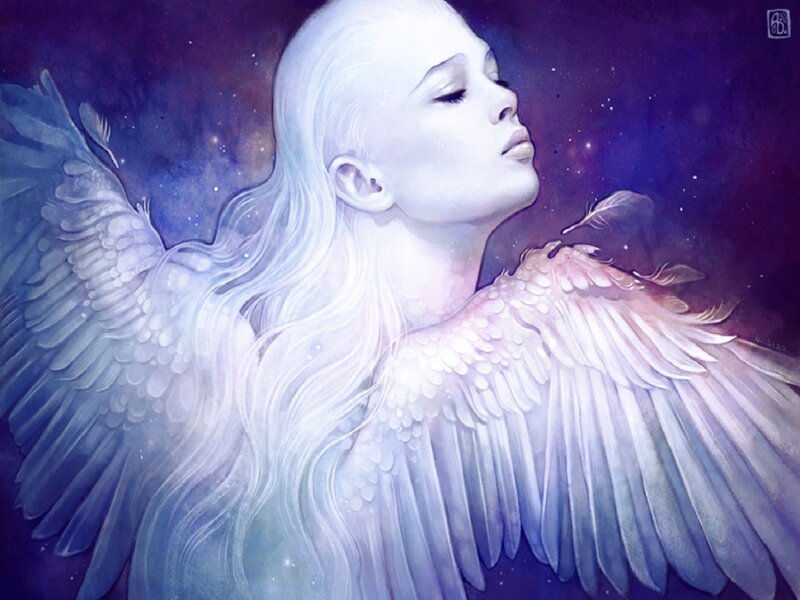 Angel with White Wings — Serene, Night, Digital Art, Long Hair