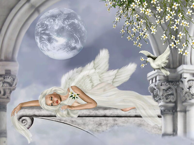 Angel with White Wings — Serene, Night, Digital Art, Moon