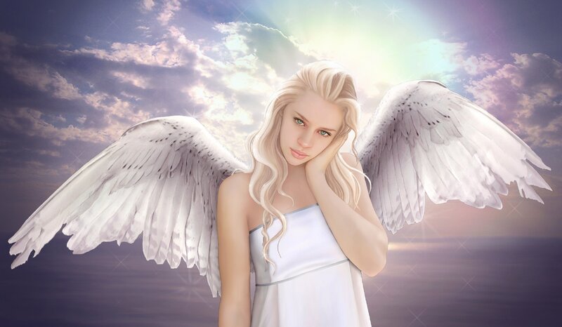 Angel with White Wings — Serene, Sunset, Digital Art, Clouds