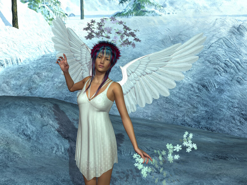 Angel with White Wings — Serene, Winter, 3d Render