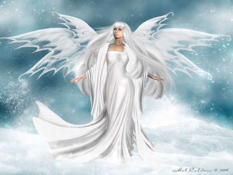 Angel with White Wings — Serene, Winter, Digital Art, Snow