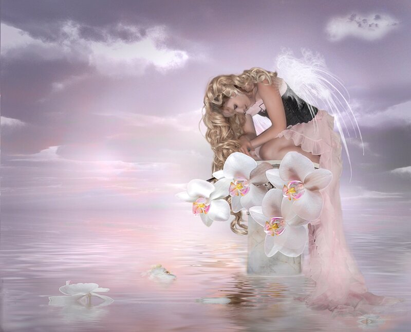Angel with Wings and Flowers — Pink, Serene