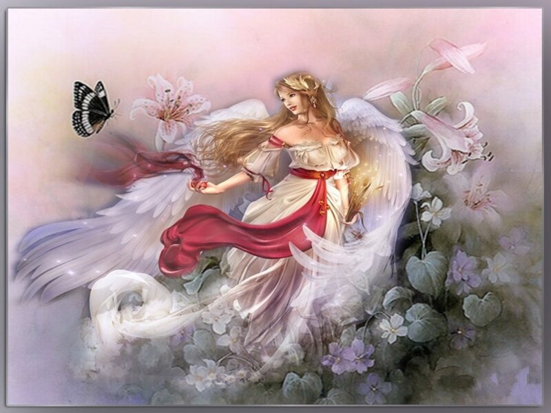 Angel with Wings and Flowers — White, Serene, Digital Art, Butterfly