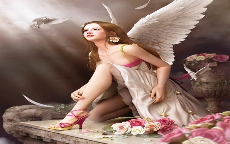 Angel with Wings and Flowers — White, Serene, Digital Art, Doves