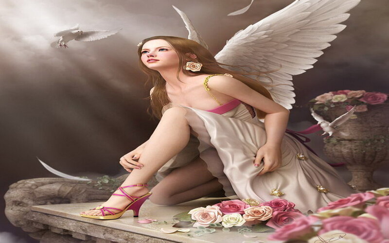 Angel with Wings and Flowers — White