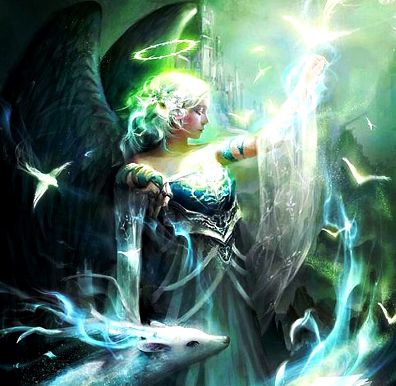 Angel with Wings and Halo — Green, Dramatic