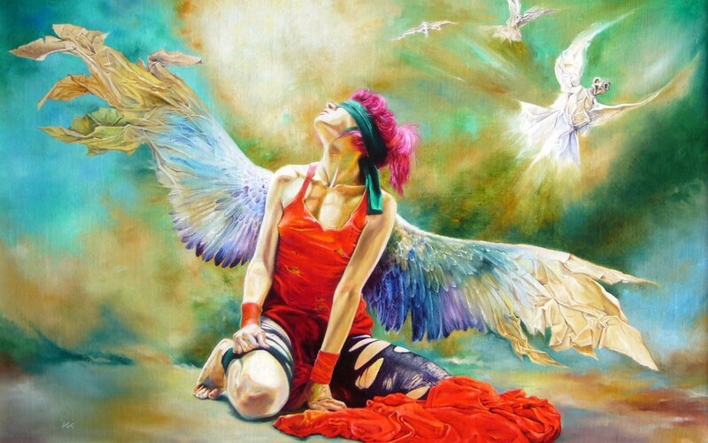 Angel with wings and red dress