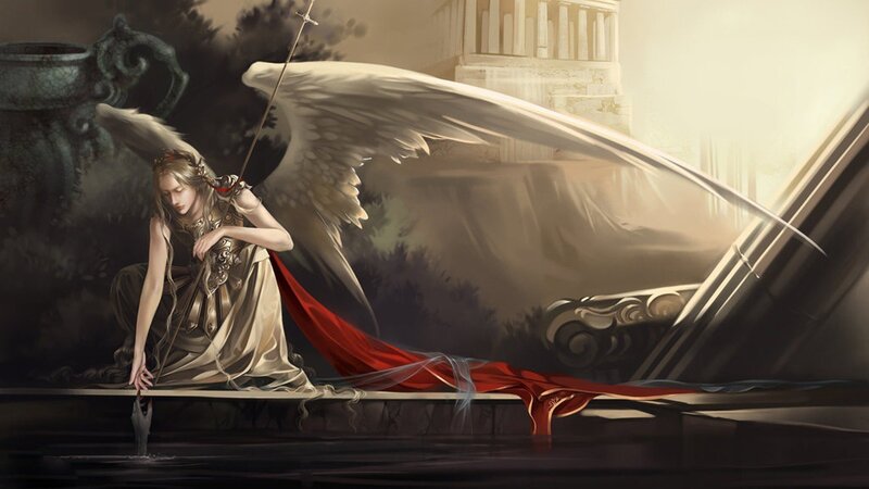 Angel with Wings and Spear — White, Dramatic