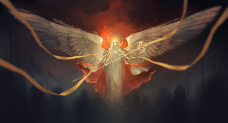 Angel with Wings and Staff — Red