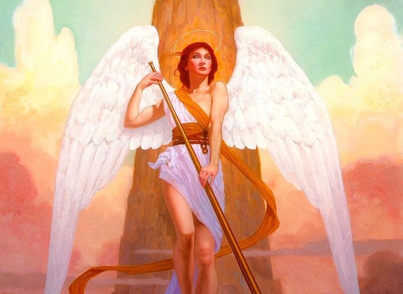 Angel with Wings and Staff — White, Dramatic, Sunset