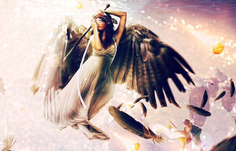Angel with Wings and Sword — White, Dramatic