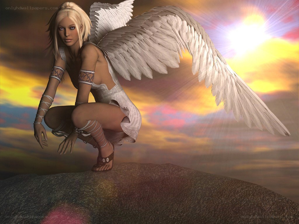 Angel with wings at sunset