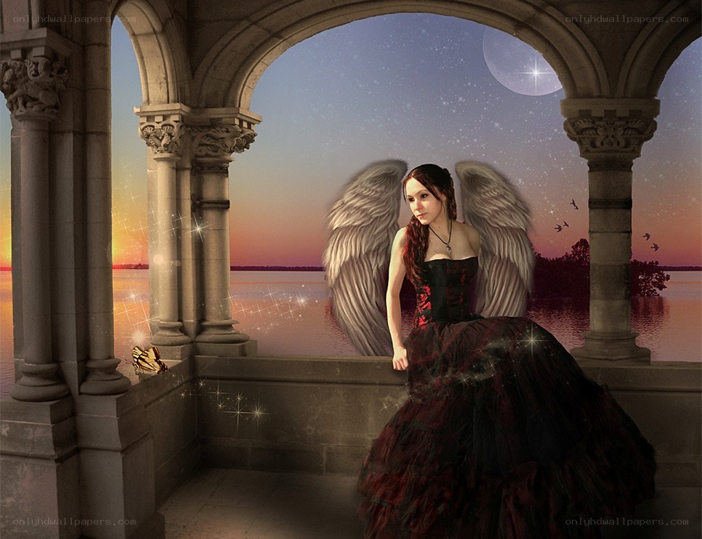 Angel with wings at sunset