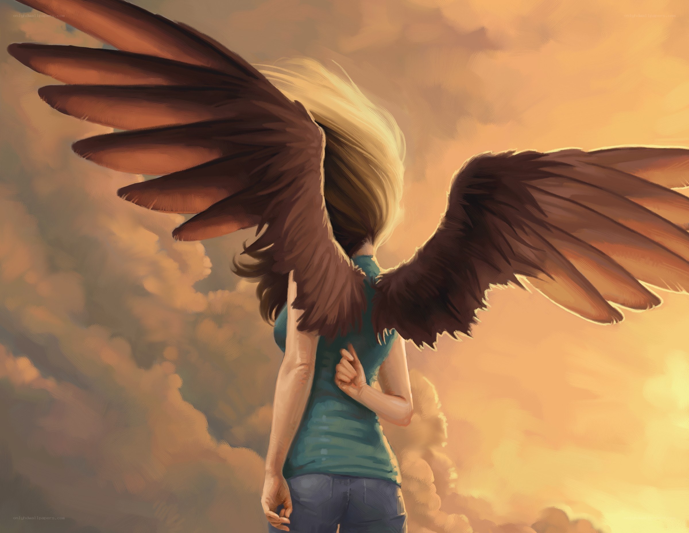angel with wings at sunset