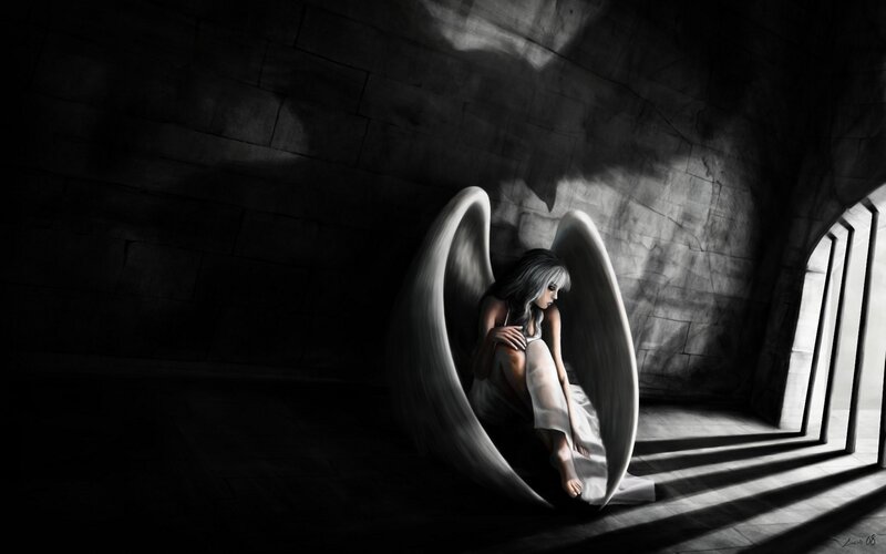 Angel with Wings — Black, Dramatic, Digital Art, Stone Wall