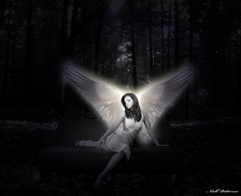 Angel with Wings — Black, Dramatic, Night, Digital Art, Couch