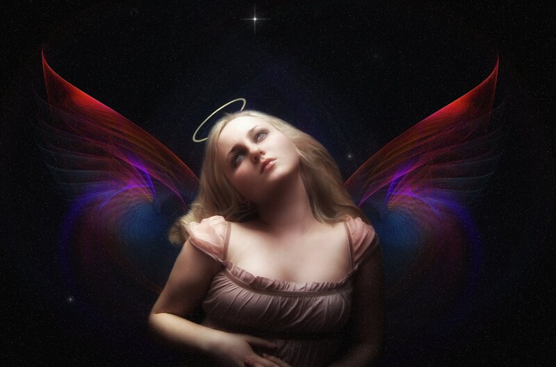 Angel with Wings — Black, Dramatic, Night, Digital Art, Halo