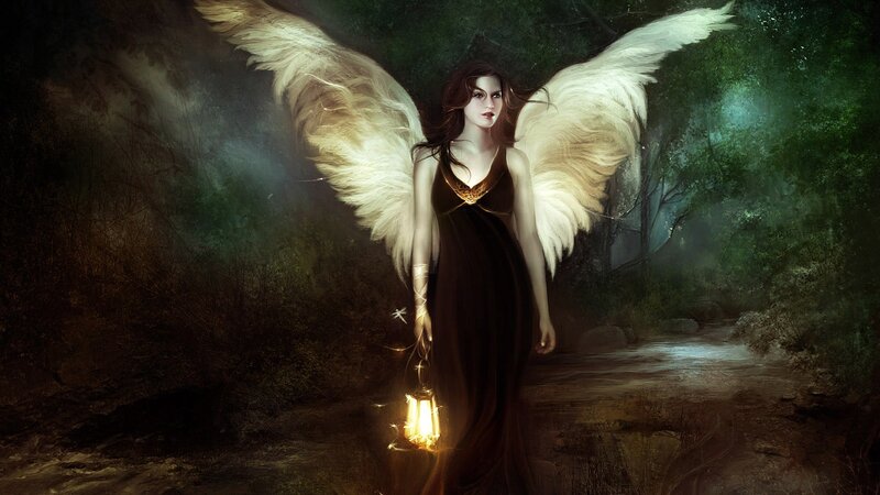 Angel with Wings — Black, Dramatic, Night, Digital Art, Lantern, Forest