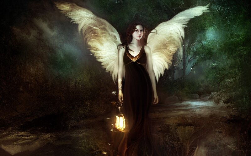 Angel with Wings — Black, Dramatic, Night, Digital Art, Lantern