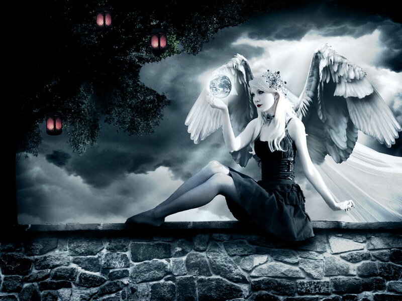 Angel with Wings — Black, Dramatic, Night, Digital Art, Lanterns