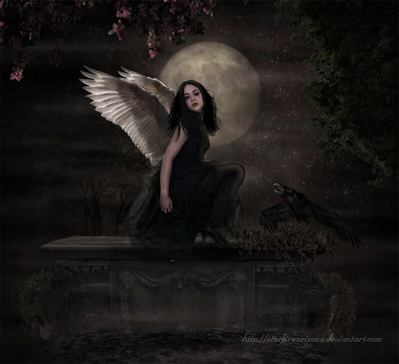 Angel with Wings — Black, Dramatic, Night, Digital Art, Moon, Crow